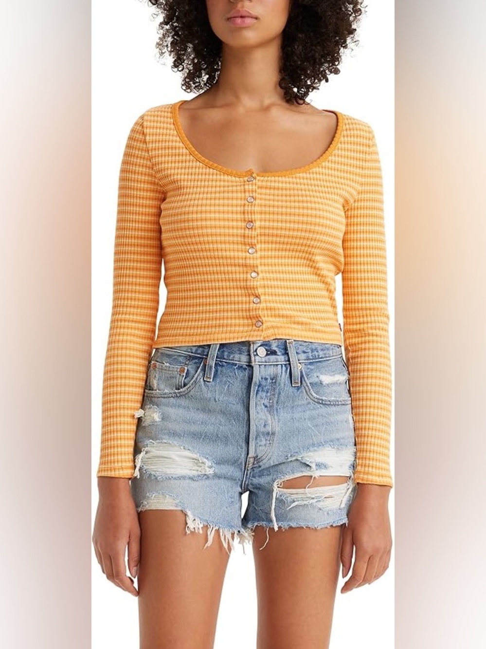 Levi's Yellow Stripe Ribbed Long-Sleeve  Britt Snap Front Top